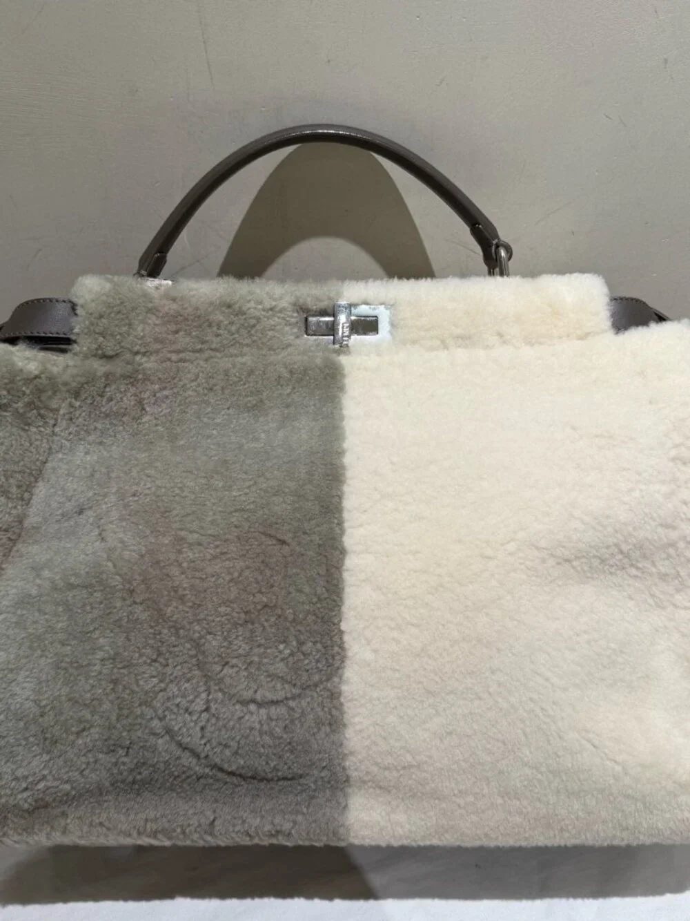 Fendi Peekaboo Medium Patchwork Shearling Top‑Handle Handbag